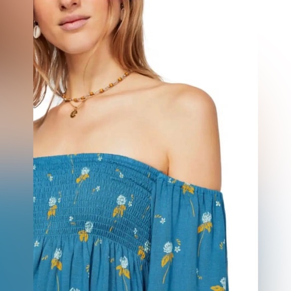 Free People Lana Floral Tunic Off Shoulder Smocked Bohemian Flowy Bell Sleeves - Picture 4 of 9